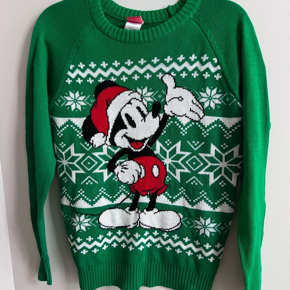 Disney Green Holiday Sweater, Mickey Mouse Christmas Sweater, Size S